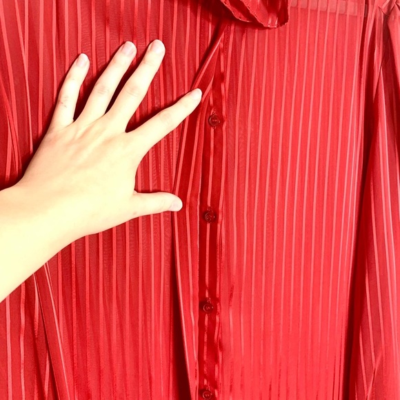 Vintage Red Blouse Sheer Pinstripe Ruffled Neck & Cuffs Christmas Valentine’s - Picture 8 of 11